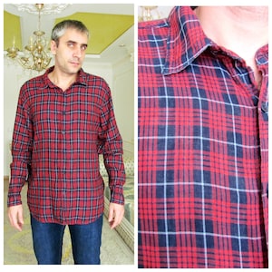 mens shirt Cowboy Shirt Button Up Shirt mens Red Plaid shirt mens flannel shirt Vintage cotton shirt western shirt Size XL