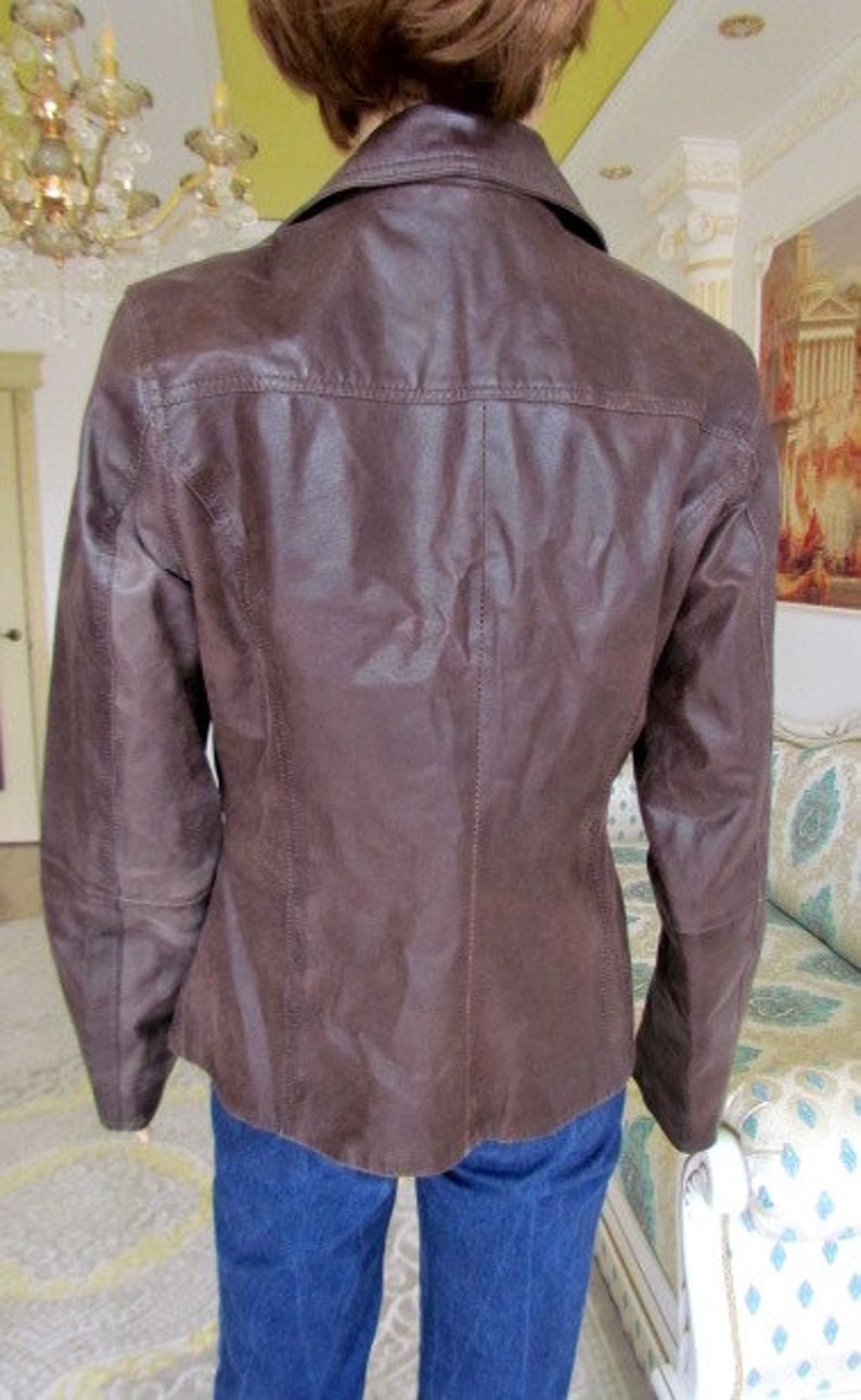 womens Leather blazer 70s retro blazer womens Leather Clothing Vintage Leather jacket brown blazer brown jacket buttom Blazer M image 7