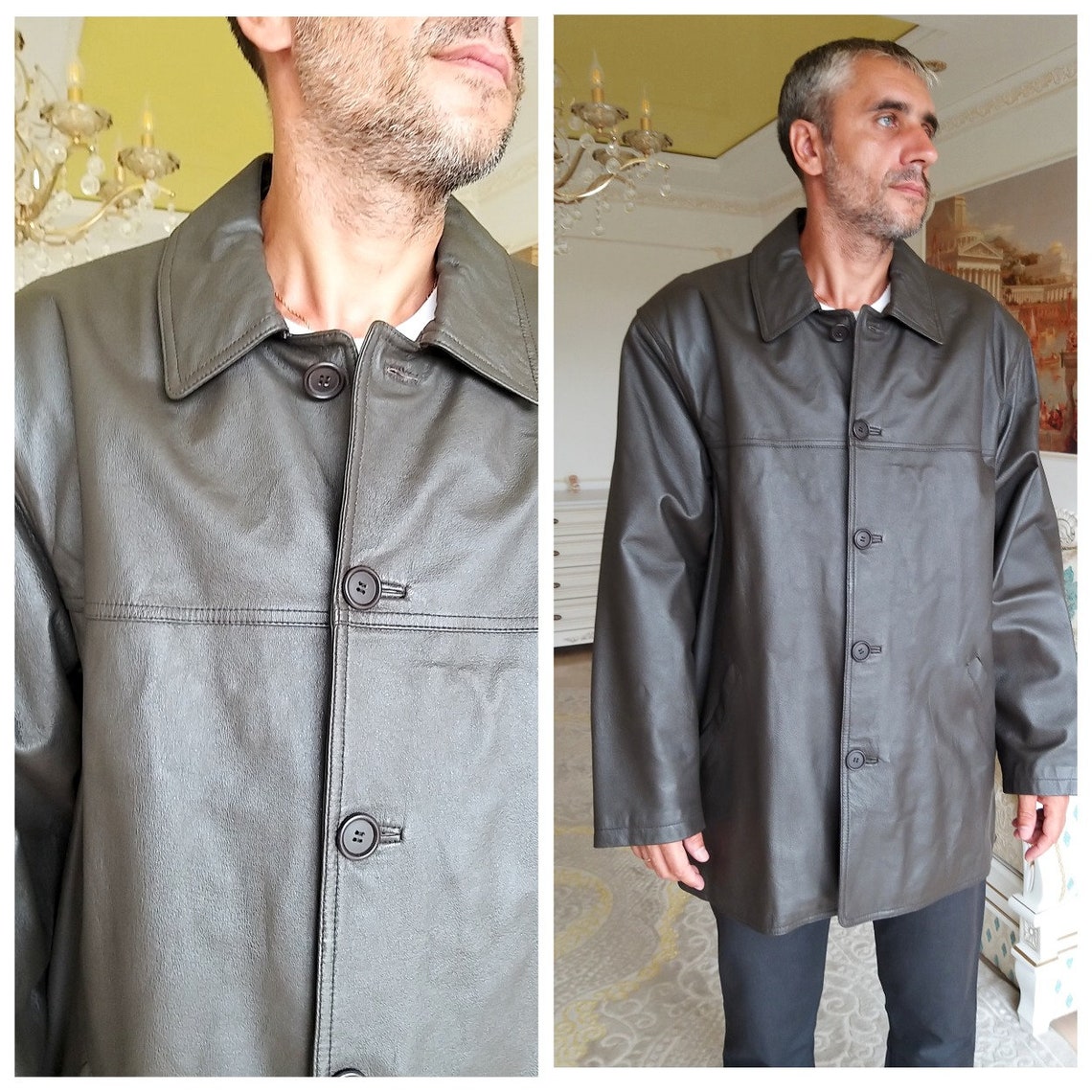Mens Platini Western Leather Jacket - Vintage Cowboy Style in Color Degas