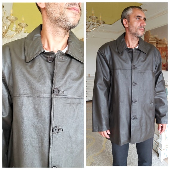 mens Leather Coat vintage mens Leather Clothing mens Trench Coat  Leather Jacket mens coat Overcoat long leather coat Button Coat XXL