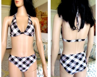 two piece swimsuit Plaid Swimsuit Vintage black white Bikini Set black white Swimsuit Two Piece Bikini Bottom bikini Top black white Bikin L