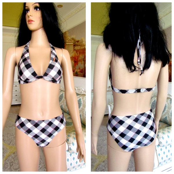 two piece swimsuit Plaid Swimsuit Vintage black white Bikini Set black white Swimsuit Two Piece Bikini Bottom bikini Top black white Bikin L