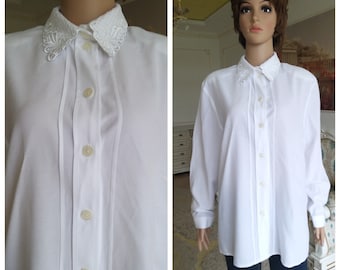 70s white blouse white Shirt button up blouse Victorian Blouse minimalist Blouse Formal Blouse casual blouse  collared blouse XL