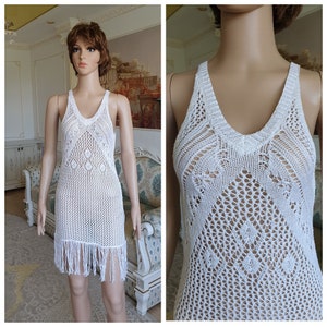 Fringe white crochet cover up white  beach dress Sheer dress Summer Dress white  crochet dress mesh dress bikini cover up sexy dress dress S