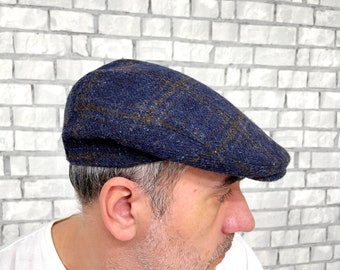 blue wool flat cap mens cap L mens Newsboy Cap Gatsby Hat Ivy Hat wool cap Ivy cap Houndstooth cap Plaid cap  Golf Cap Driving Hat