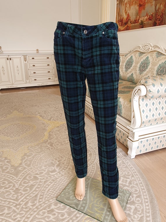 Mens Corduroy Pants M Green Plaid Pants 