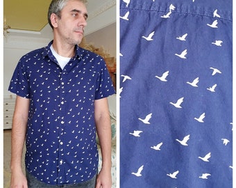 mens bird print shirt duck print shirt mens casual shirts boho shirts hippie shirts mens summer shirt beach shirts Short sleeve shirts L