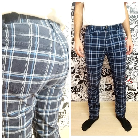 Mens Blue Pants Retro Pants Mens Pants Checkered