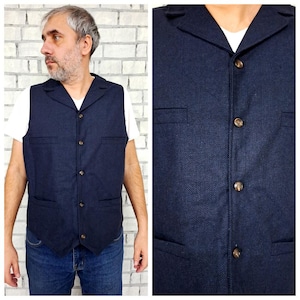 Vintage Blue Wool Blend Patterned Vest, Oversized Zipper
