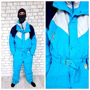 Herren Ski Anzug L Blau Ski Anzug Sportbekleidung Overall Anzug Vintage Retro Ski Anzug One Piece Skiing Winter Kleidung Ski Anzug