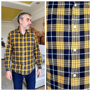 yellow Plaid shirt mens shirt Cowboy Shirt Button Up Shirt tartan shirt mens LONG sleeve shirt Vintage western shirt  Flannel Shirt L