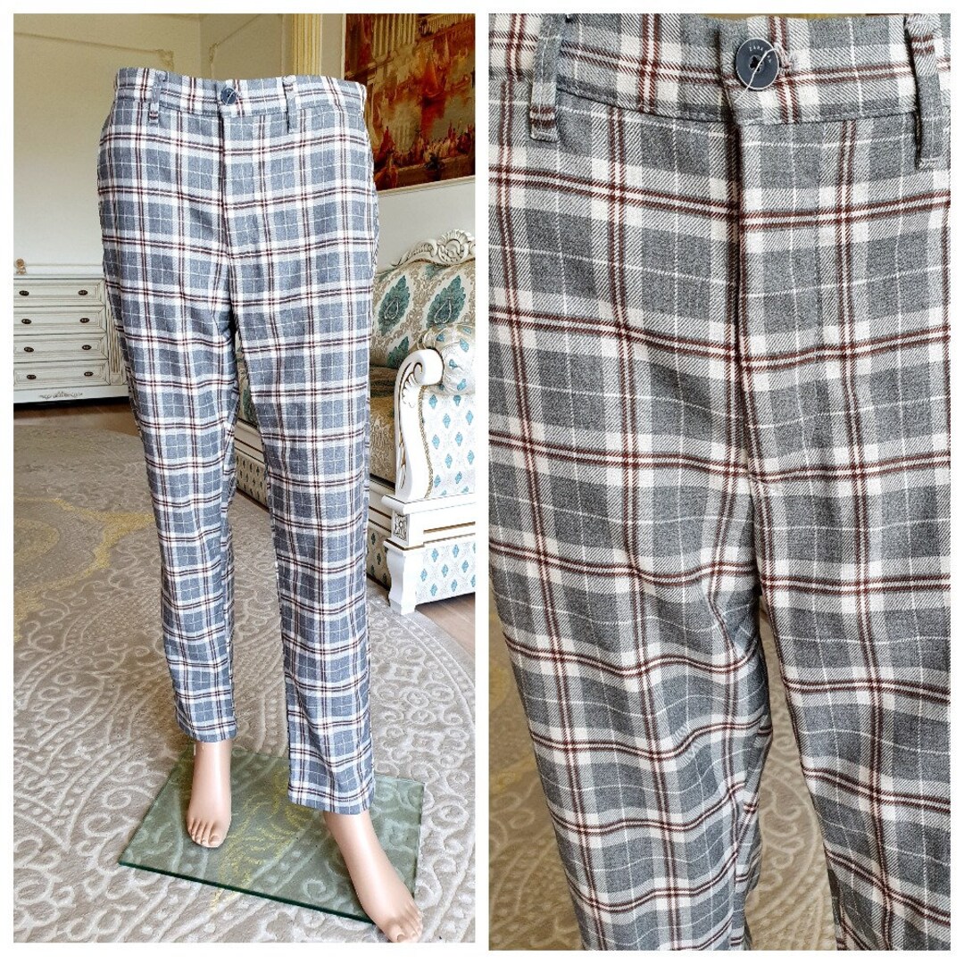 Gray Plaid Pants M Retro Pants Mens Pants Checkered Pants Vintage