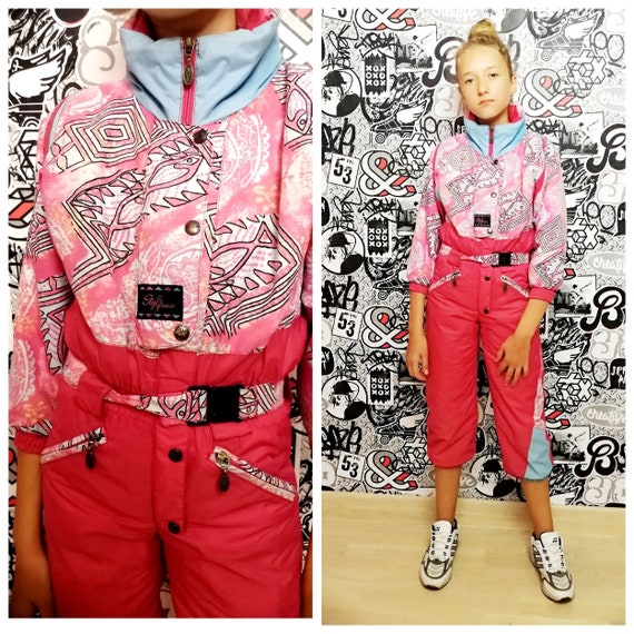 girl ski suit 90s ski suit pink ski suit Kids Ski