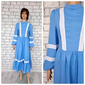 Robe femme lin coton rétro robe longue vintage robe bleu blanc robe victorienne à volants robe cottagecore robe edwardian des prairies