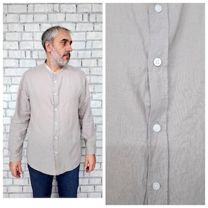 mens Linen cotton shirt XL  Beige shirts wedding shirts band collar shirt Beach Summer shirt bridal shirt Long Sleeve Shirt Classic Shirt