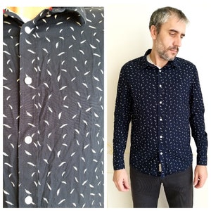 festival clothing mens shirt feather print shirt mens cotton shirt boho shirts hippie shirts casual shirt long sleeve shirts navy blue shirt