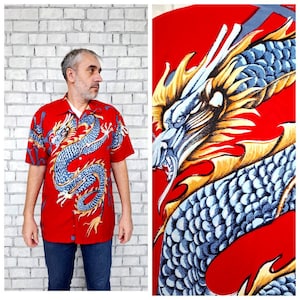 Camisa de hombre, camisa con estampado de dragón chino, camisa XL roja, camisa de festival, camisa Spirit, camisas boho, camisas hippies, camisa de verano para hombre, camisa Snap