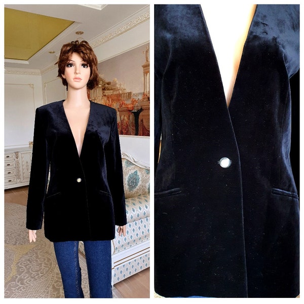90s womens jacket womens blazer black velvet Blazer elegant blazer black velvet jacket black buttom Blazer M mod jacket evening blazer