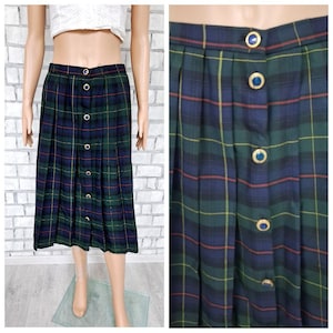 blue green plaid skirt M Circle skirt tartan skirt womens skirt Vintage button skirt Skater Skirt midi skirt pleated skirt