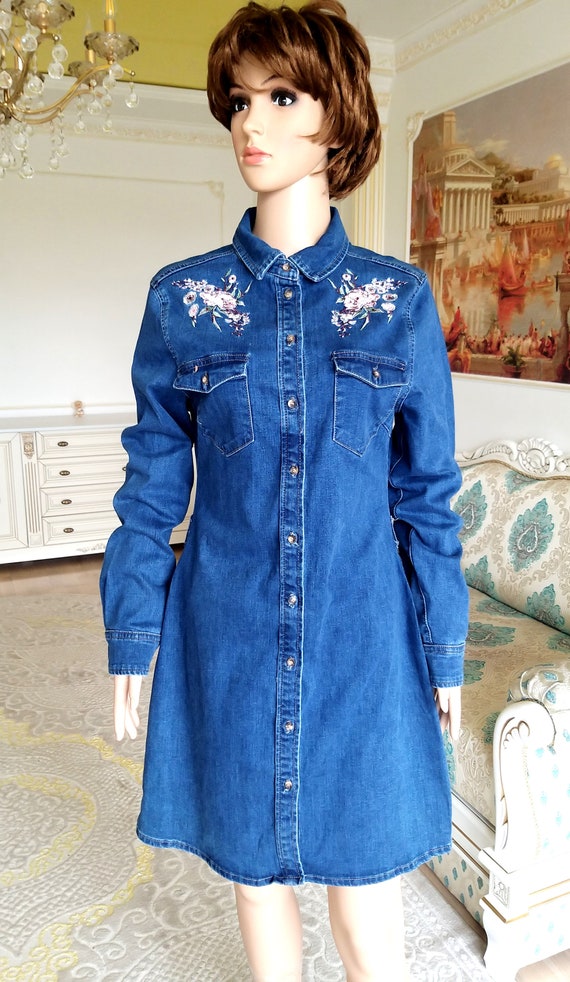 embroidered jean dress Denim dress womens dress F… - image 2