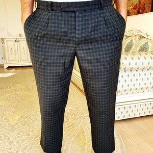 blue Plaid Pants XL Retro Pants Mens Pants Checkered Pants Vintage Tartan Pants Golf Pants Disco Pants pleated Pants bottom plaid Trousers image 2