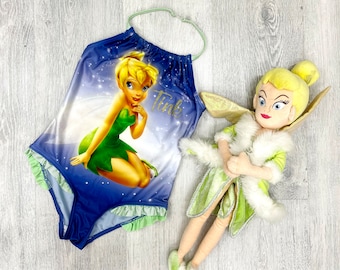 8-9 years  girls  kids Swimsuit kids Swimwear Vintage Tinkerbell Swimsuit Vintage One Piece Bathing Suit Swim Romper