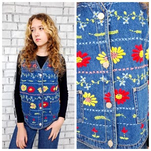 bestickte Jeans Weste XL Damen Jeans Weste Vintage BLAU Jeans Top Jeans Top Damen Weste Westen Volksfest Weste Jeans Weste