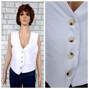 Weiße Weste M/L weißes Top Damenweste Klassische Weste Damenweste mit Knöpfen Vintage Alltagsweste Retro-Weste Formelle Weste