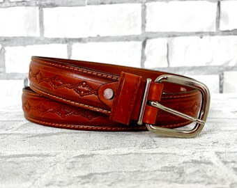 Mens Leather Belt L/XL Tooled Leather Belt Genuine Leather