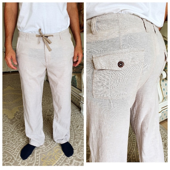 Linen Trousers Natural Beige 90’s～ Vintage Silk Linen Wide Leg Pants: Beige Summer Trousers