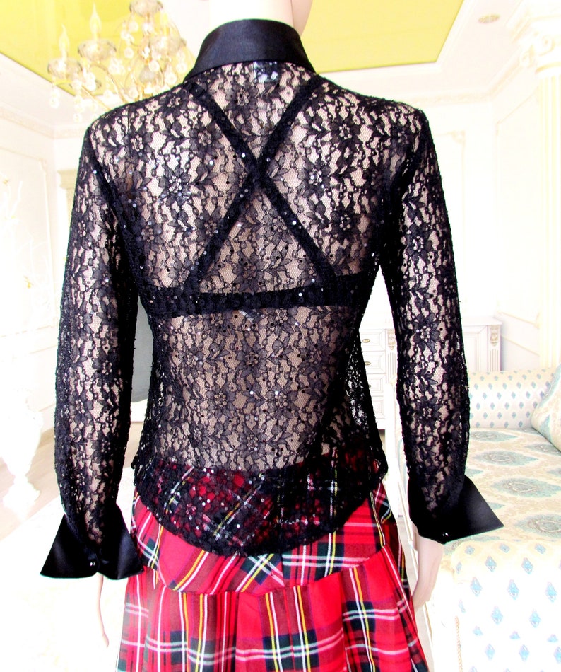 Black lace blouse Black blouse Black lace top Goth top Black top Gothic top Sheer top Gothic blouse Goth blouse Sheer blouse Sheer Shirt M