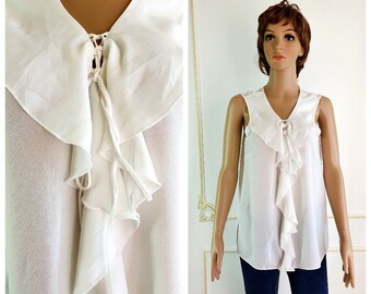 white Ruffle shirt boho shirt womens shirt Ruffle blouse white blouse classic blouse lace blouse hippie shirt cute blouse evening blouse L