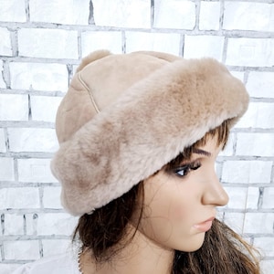 REAL sheepskin Hat womens fur hat winter hat warm hat winter wear Headwear retro hat beige leather hat natural fur hat fur cap