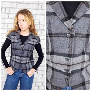 womens Vest S/M Vintage womens wool Vest wool Top Gray Vest victorian vest Tweed Vest Vintage plaid tartan vest waistcoats Retro Halter Vest