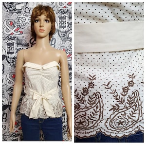 Strapless Top womens Polka dot top womens top beige embroidered top Halter top cotton top  Summer top beach top M