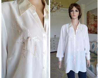 floral embroidered blouse Beige blouse floral blouse boho shirt women shirt womens blouse lace blouse Edwardian shirt evening blouse XL