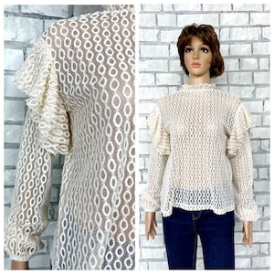 womens blouse beige lace blouse transparent blouse XL Elegant blouse evening blouse Secretary Blouse ruffle Romantic fashion office blouse M