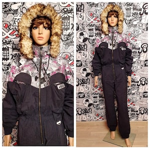 black ski suit ski clothing Vintage Ski Suit hooded ski suit  S Vintage retro ski suit Snowsuit Winter Clothing Warm suit snow