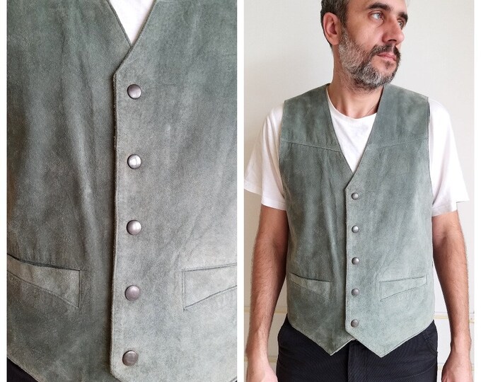 Mens Leather Vest Gray Leather Clothing Cowboy Vest Vintage Etsy