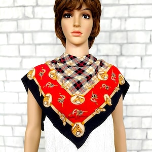 Foulard Vintage En Soie Motif Chevaux Western - 76x76 Cm, Blanc, Fabriqué En France, Occasion