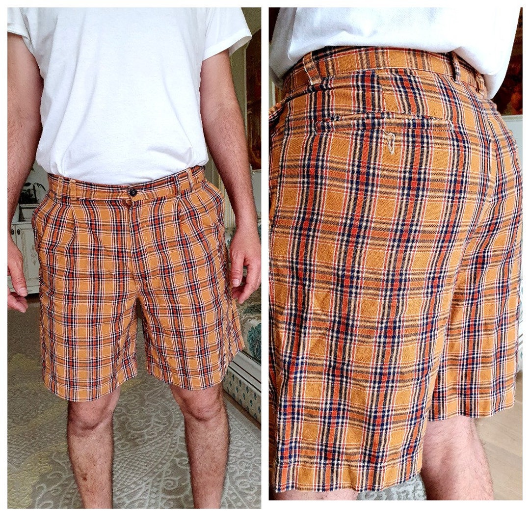 Brown Plaid Shorts 80's Men's Clothing Mens Shorts Vintage Mens Linen