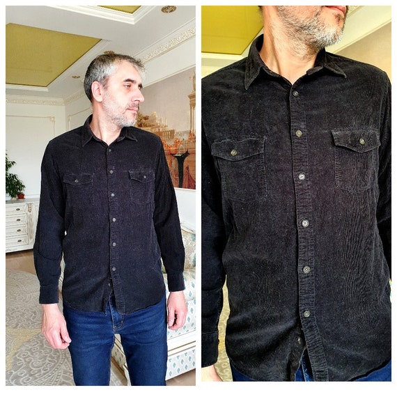 Mens Clothing Mens Shirt Black Shirt Mens Black Corduroy Shirt Long Sleeve Shirt Streetwear Shirt Button up Shirt Retro Shirt S Etsy UK