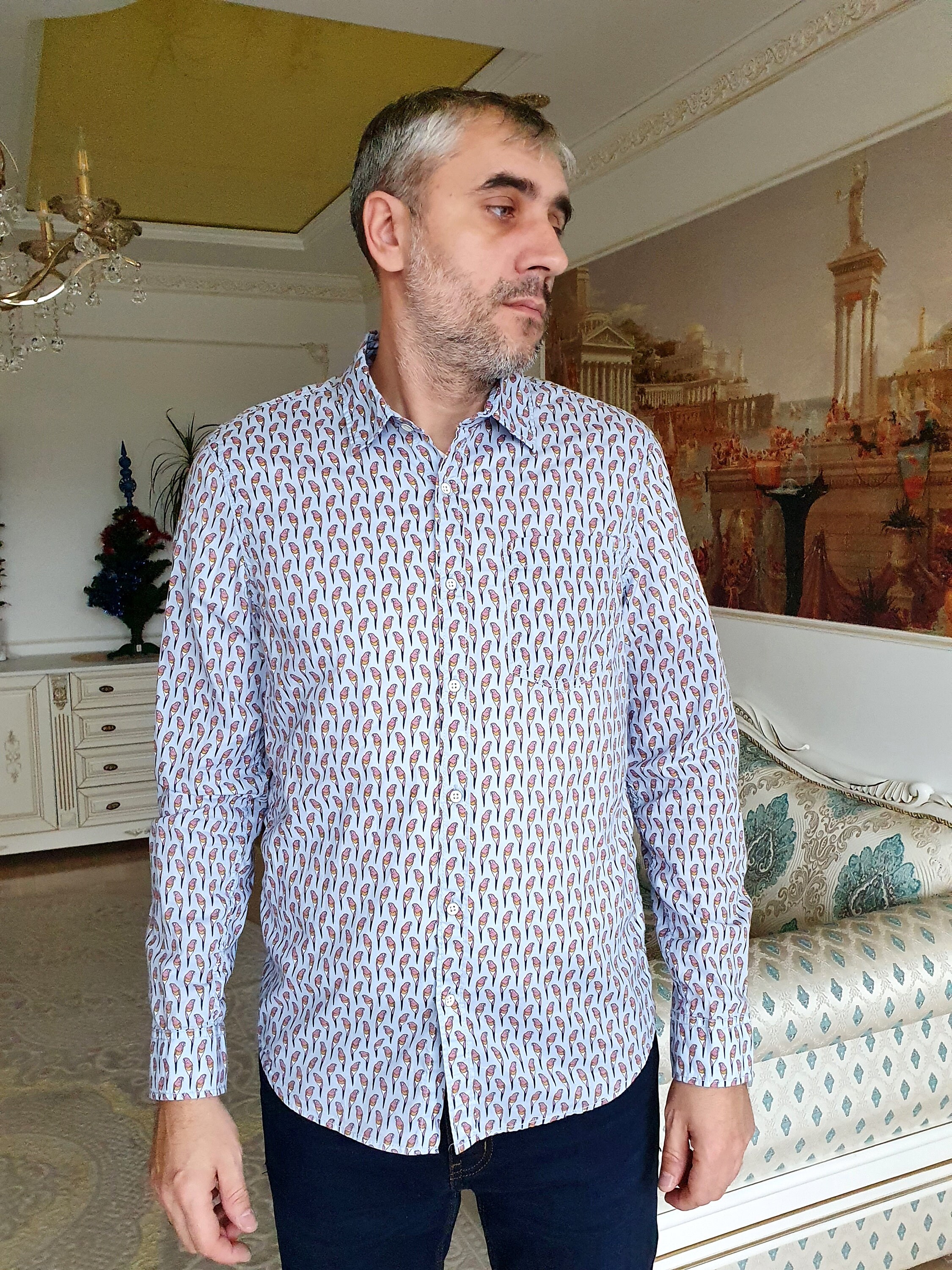 Mens Bird Print Shirt Blue Shirt Mens Casual Shirts Boho Etsy