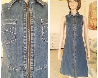 Christmas Gift jean dress Denim dress womens dress  zipper dress mini dress vintage Denim dress casual dress beach dress BLUE dress  S