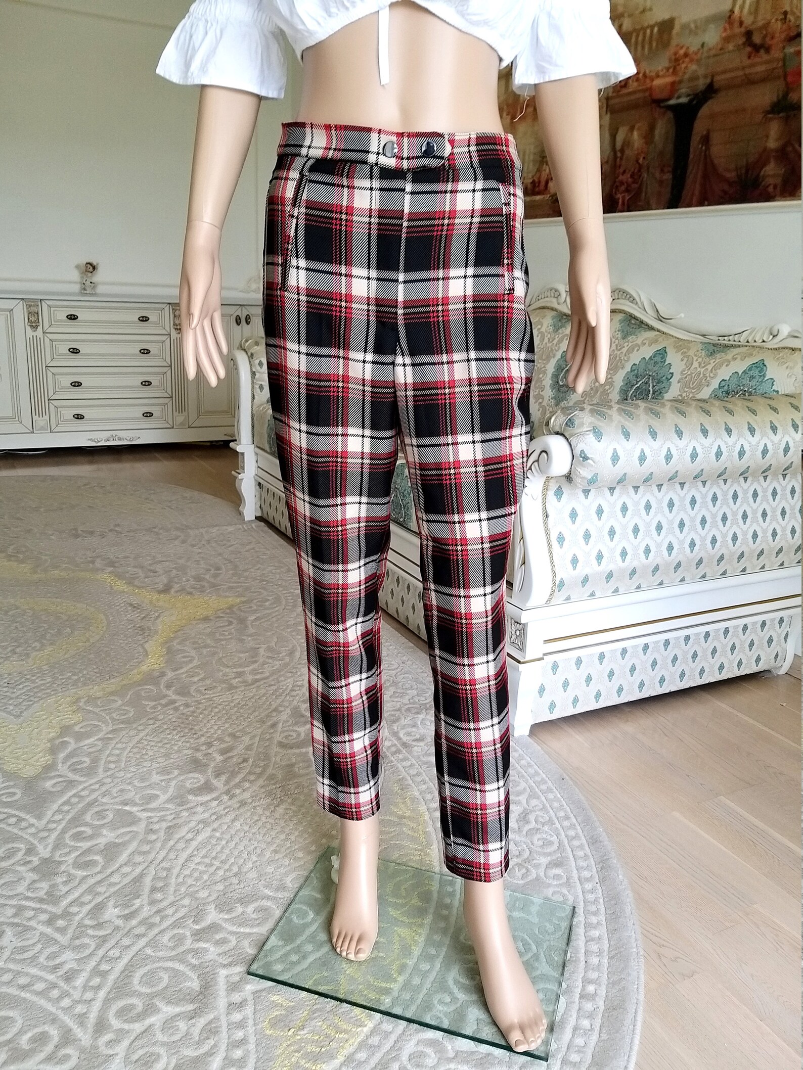 womens plaid pants with side stripe