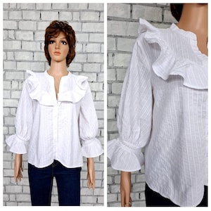70s white Ruffle blouse L Victorian Clothing Victorian Blouse Vintage Victorian style suit blouse  Edwardian Blouse formal blouse