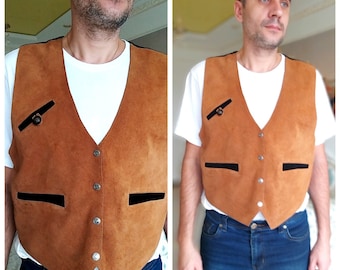 Mens Vest Leather Vest  Mens Leather Vest for men  Brown Leather Clothing Cowboy Vest Vintage Western Vest brown Vest suede Vest XL