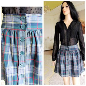 Circle skirt Green plaid skirt tartan skirt womens skirt Vintage button skirt skater skirt cosplay skirt Schoolgirl skirt halloween skirt  L