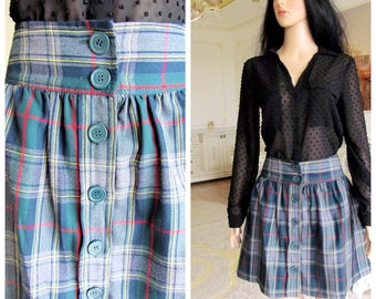 Circle skirt Green plaid skirt tartan skirt womens skirt Vintage button skirt skater skirt cosplay skirt Schoolgirl skirt halloween skirt  L