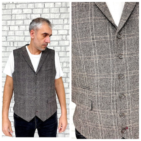 men waistcoat mens Plaid Vest Mens Vest brown Vest  Vintage wedding Vest  Groom Vest Tartan Vest Herringbone Tweed Vest XL